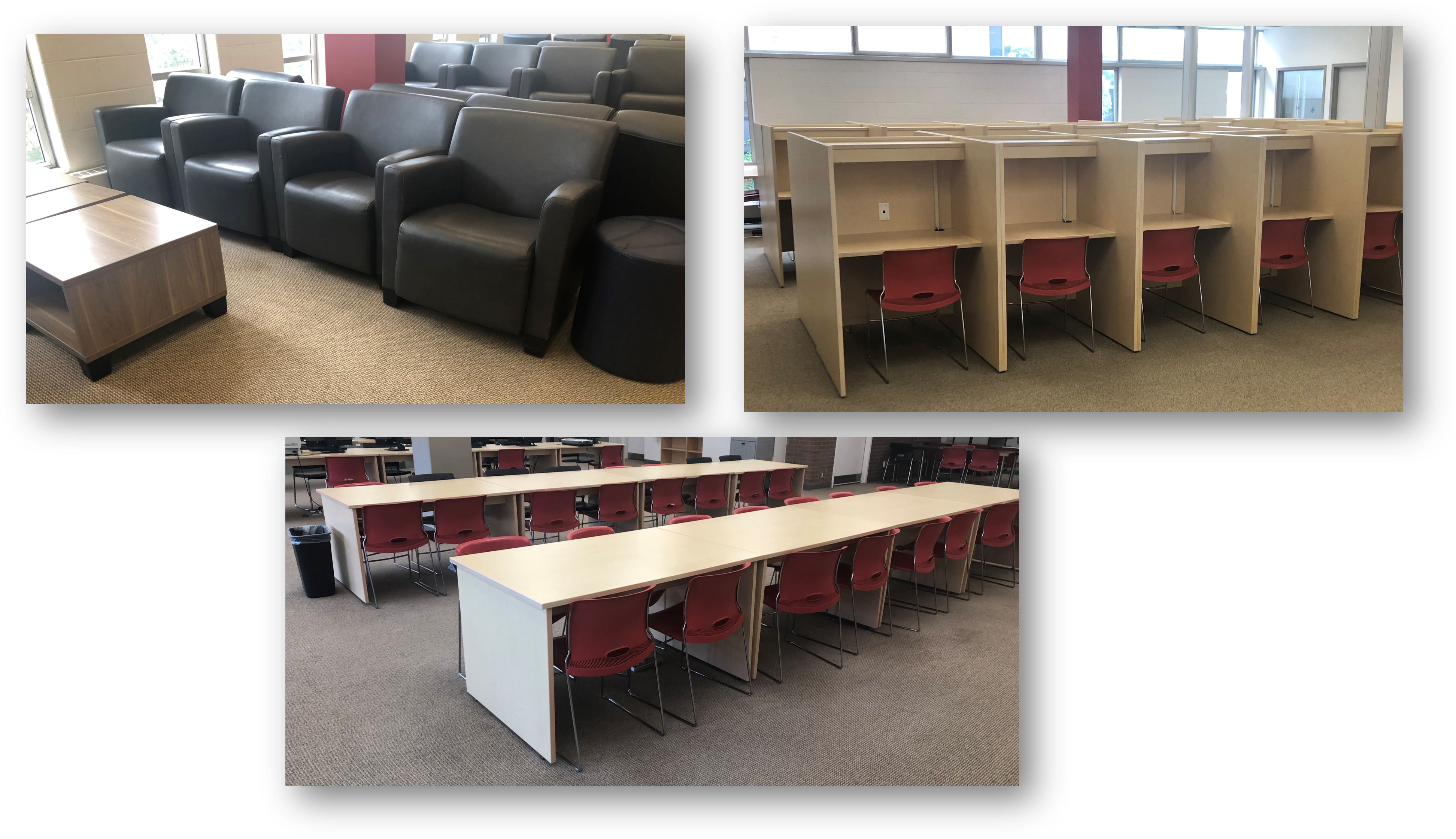 Three images of sitting areas. A row of comfy chairs, a large table with chairs along it, and study carrells for more private study. Ask for description.