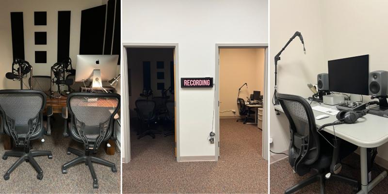 Images of the 2 Brantford podcasting studio rooms. Mac computers. Microphones