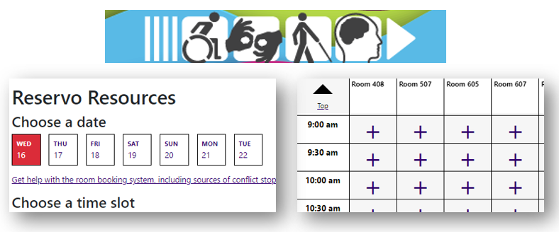 Screenshots of icons of disabled individuals and the library's online reservation tool