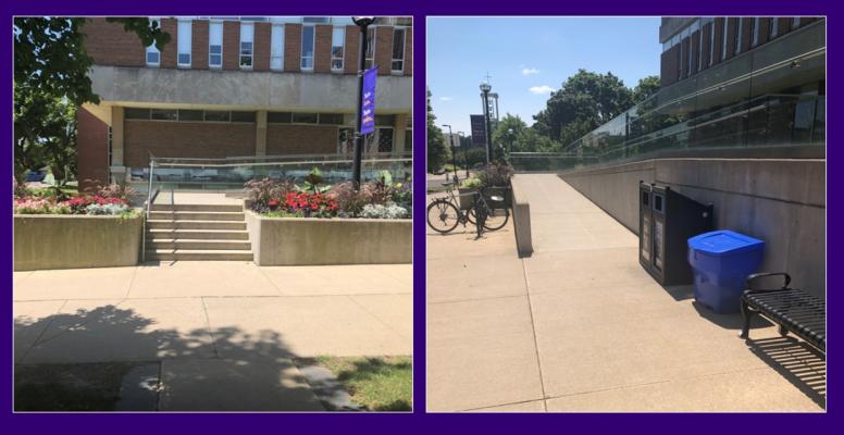 Front entrance to library. Stairs and ramp merge to secondary ramp. Flower bed summer. Handrails on upper ramp.