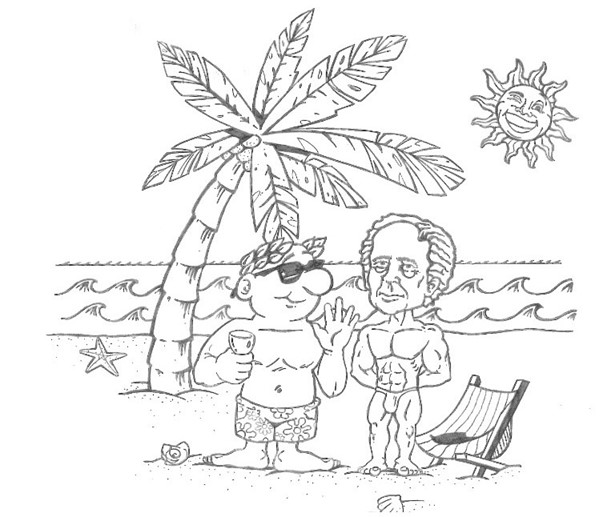 A black and white drawing of Bacchus and Sir Wilfrid Laurier in bathing suits on a beach.