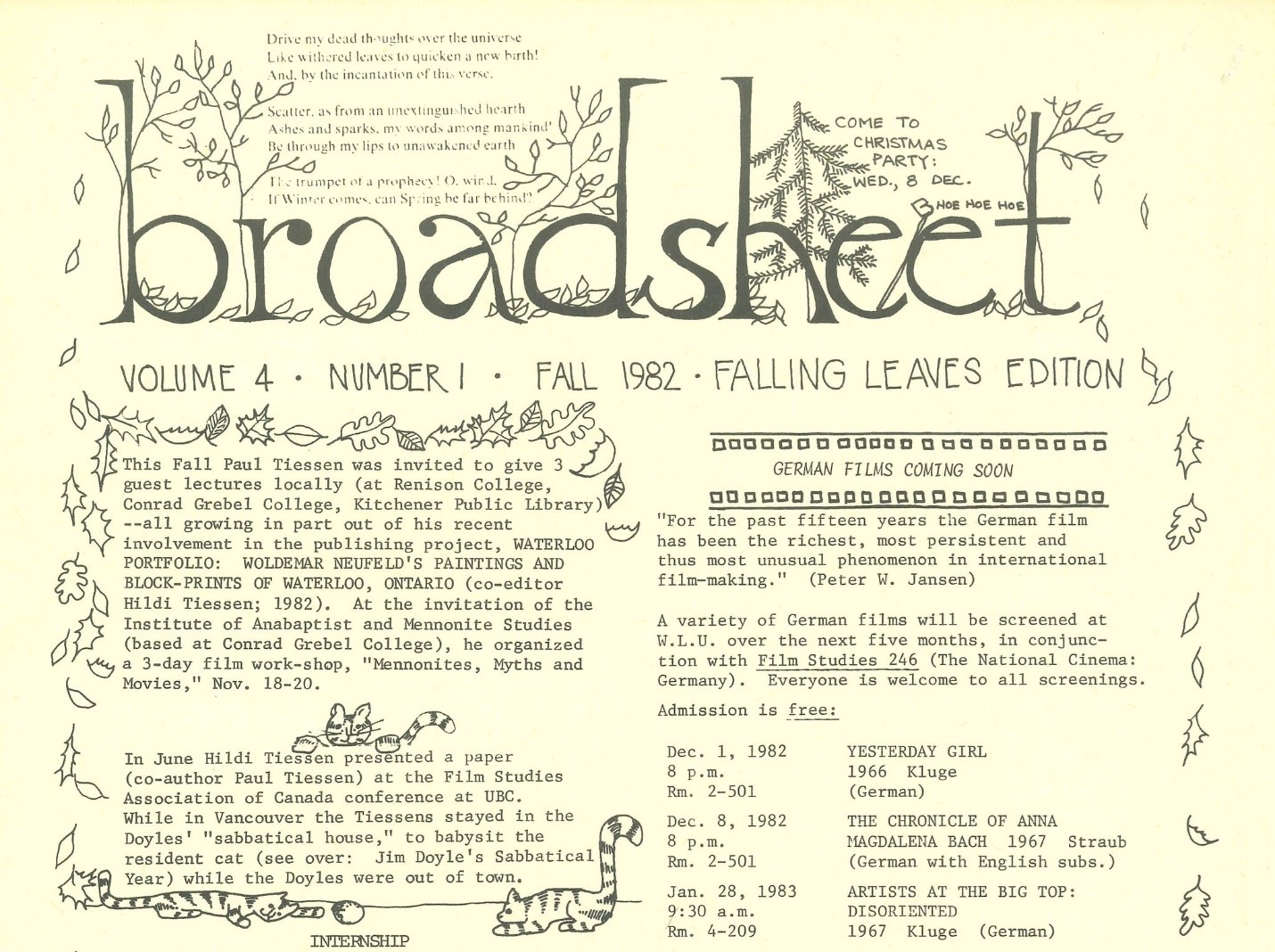 A newsletter featuring text and drawings of trees, leaves, and cats.