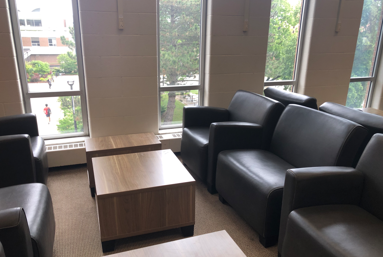 Comfy chairs near windows. Some with arm rests, some without. Shin height coffee tables. Describe more below