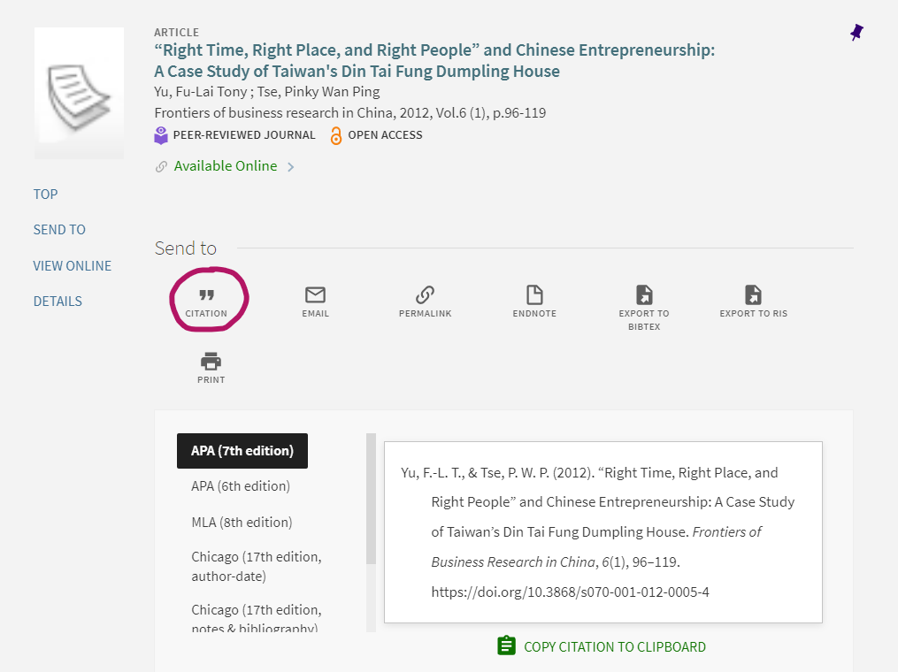 An item open on the Laurier Library page, displaying the "cite" function in Omni.