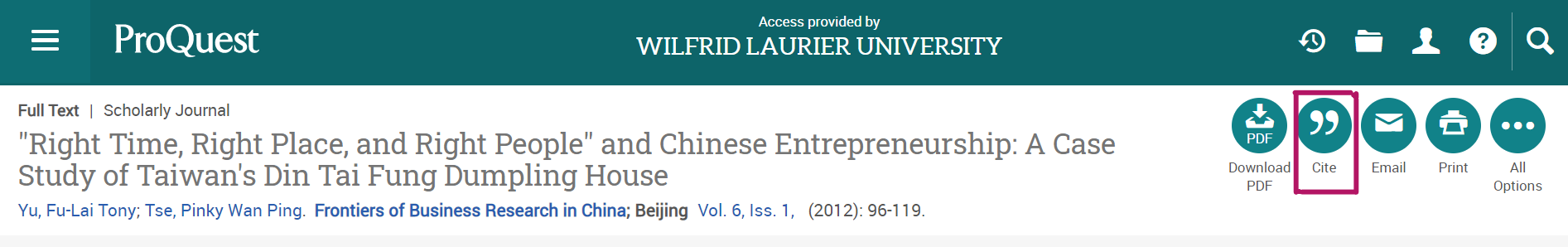 An item open in ProQuest, indicating the "Cite" shortcut.