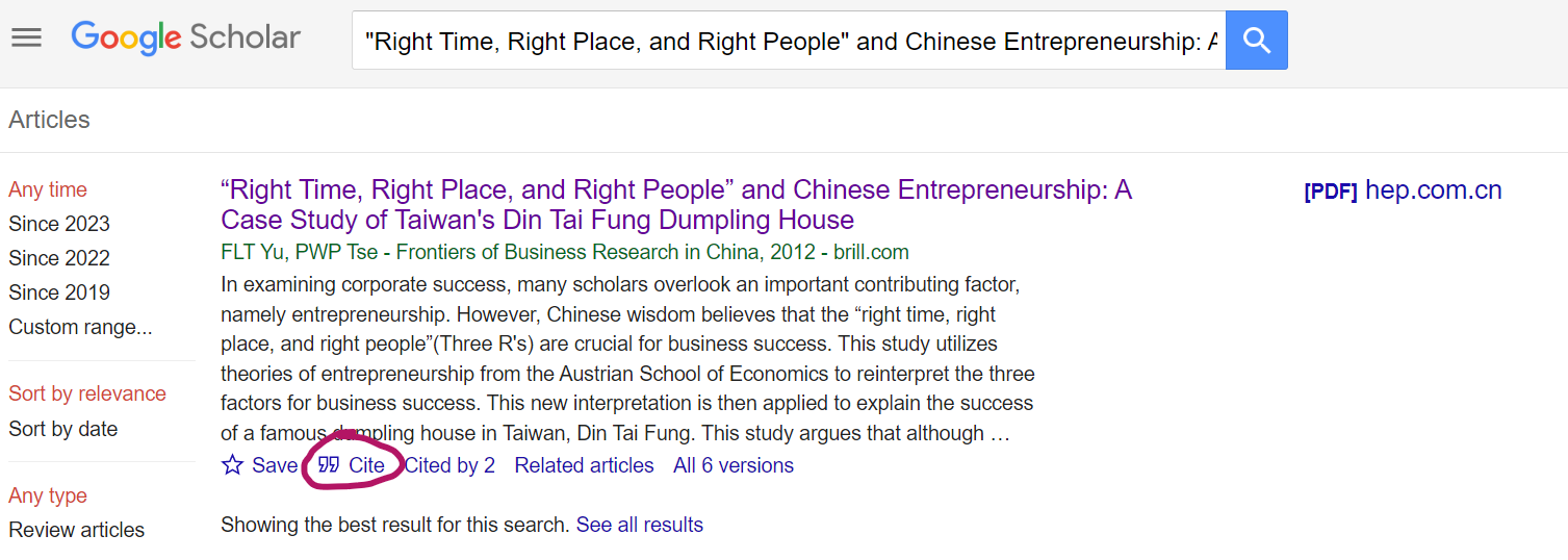 An item in Google Scholar with the "Cite" icon circled.