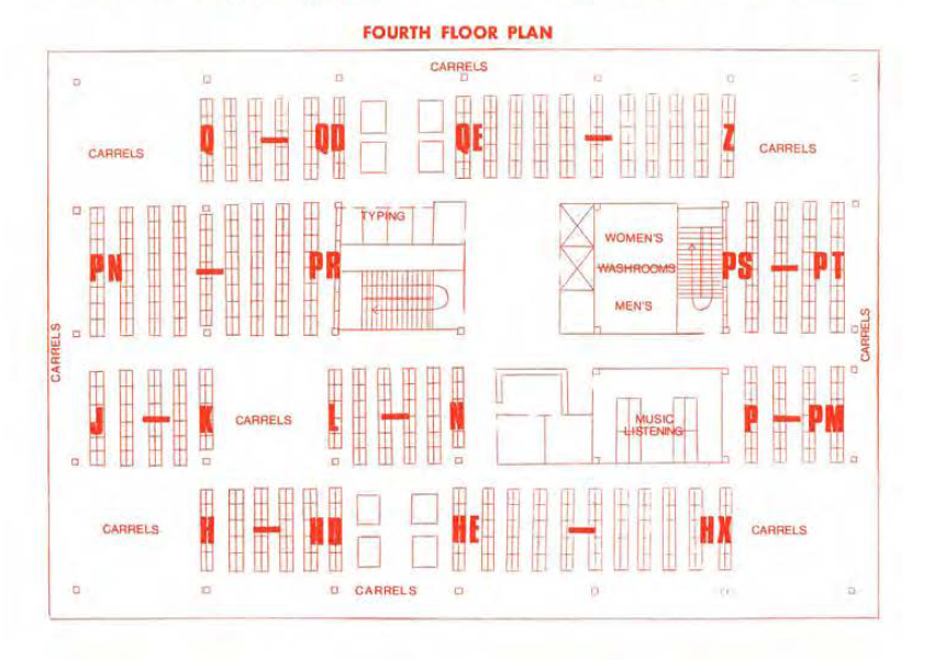 Blueprint depicting shelves, rooms, and carrels on the fourth floor of the library