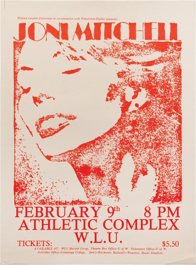 Concert poster featuring a screen print in red of Joni Mitchell's face.