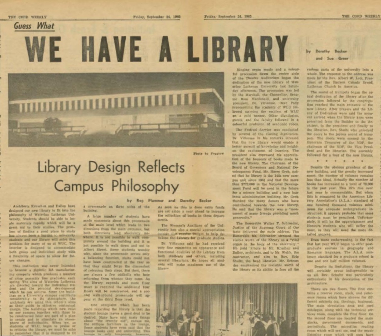 Newspaper article titled We Have A Library featuring a photograph of the library lit up at night