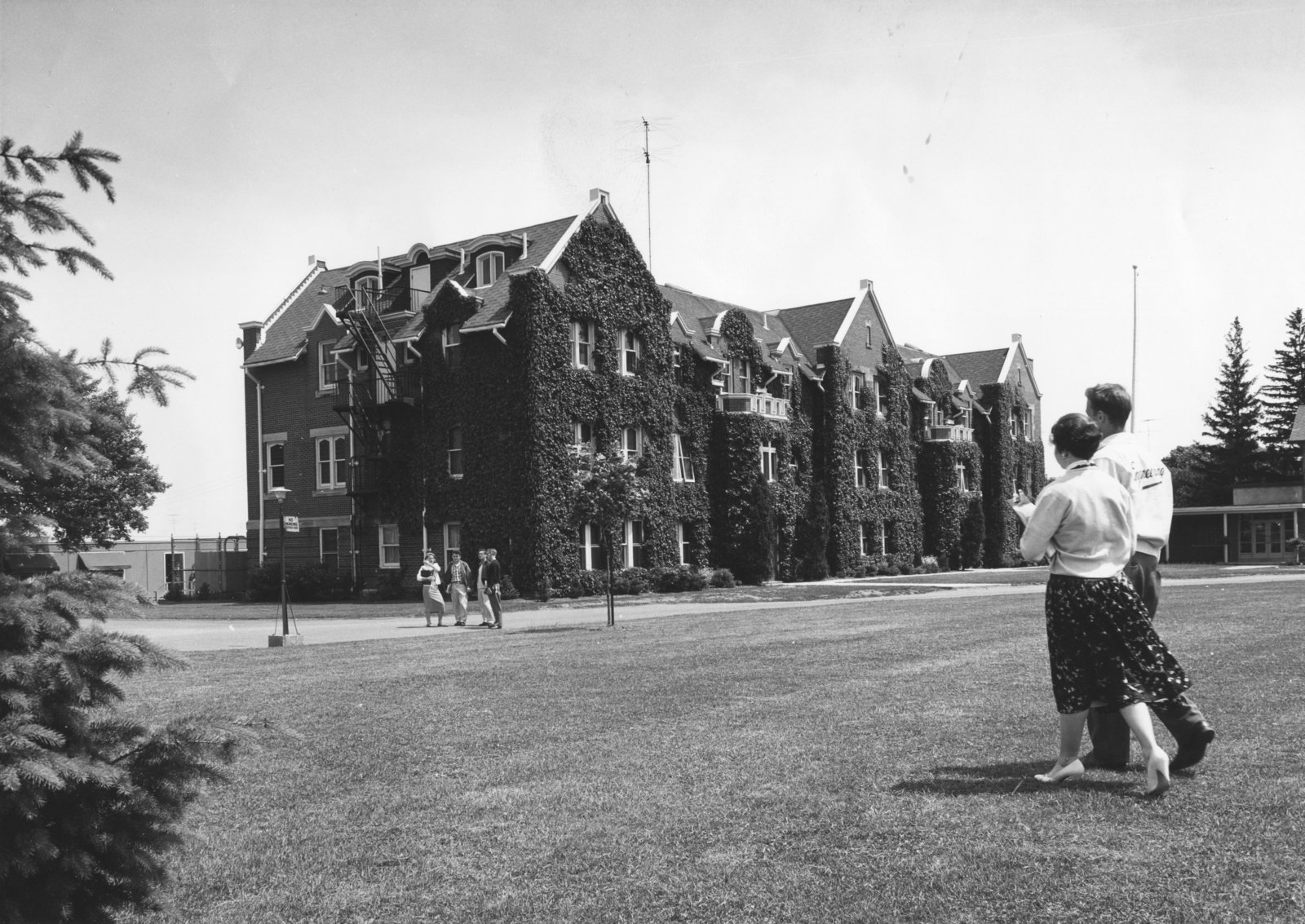 Students walking on lawn towards Willison Hall, building covered with ivy and surrounded by trees
