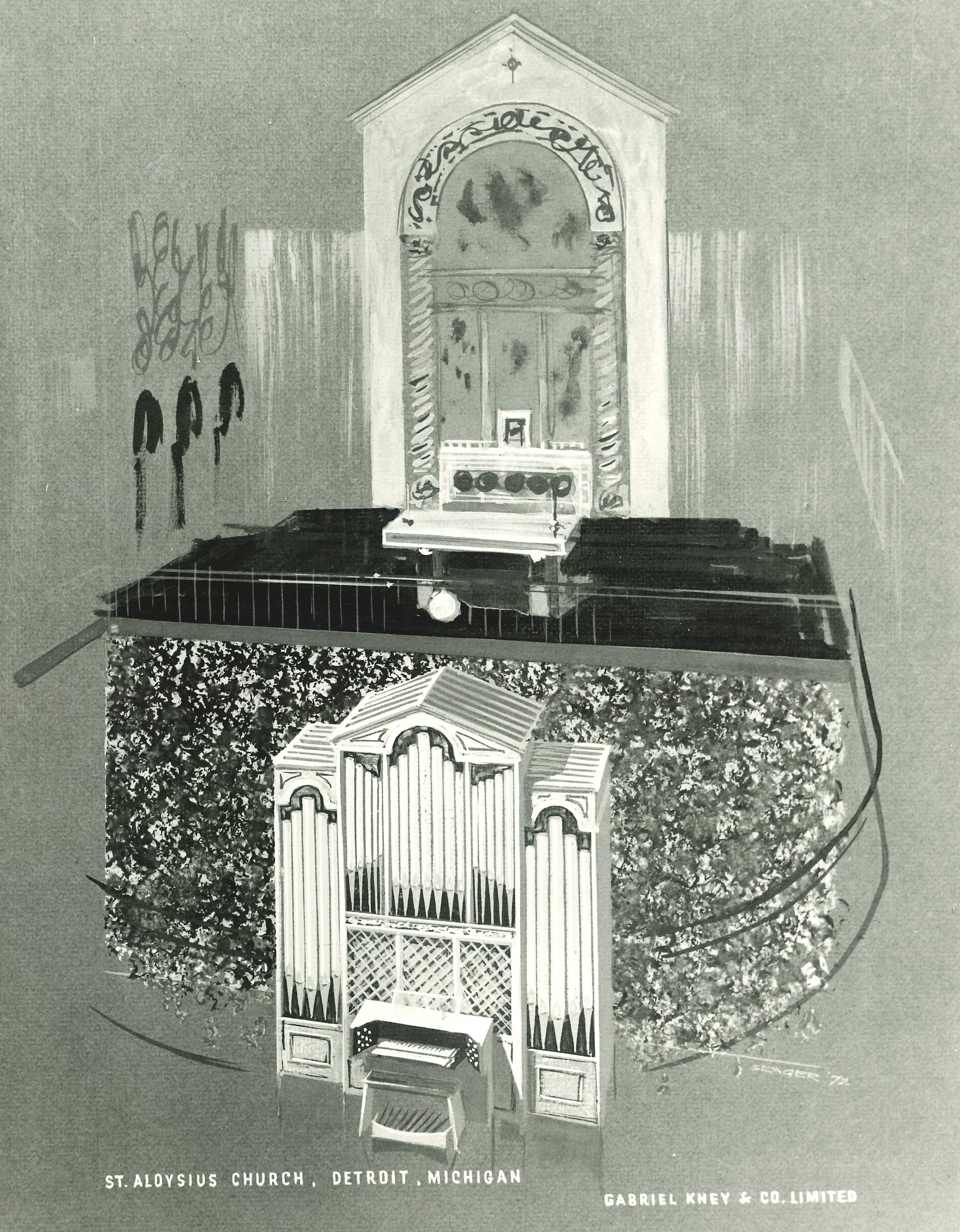 A technical drawing of a pip organ in a church.
