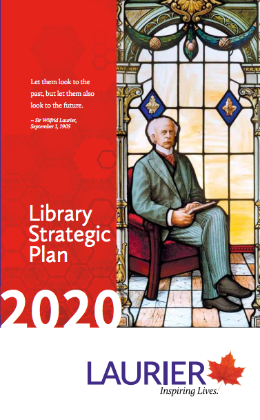 Cover of Library Strategic Plan, 2020. Stained glass of Wilfrid Laurier sitting in a chair