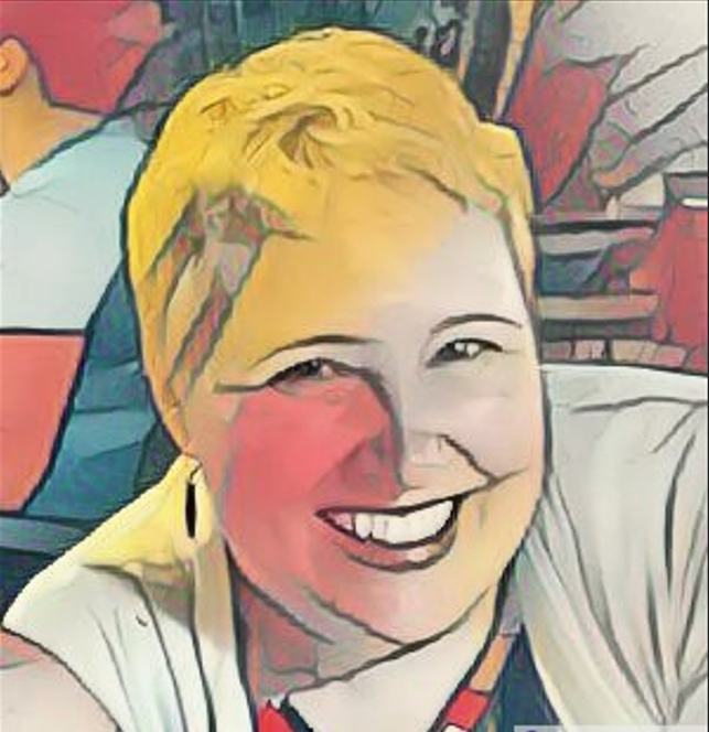 A blonde librarian with a cheeky grin. The image has been altered with Ai to make the photo appear in the Cubist style.