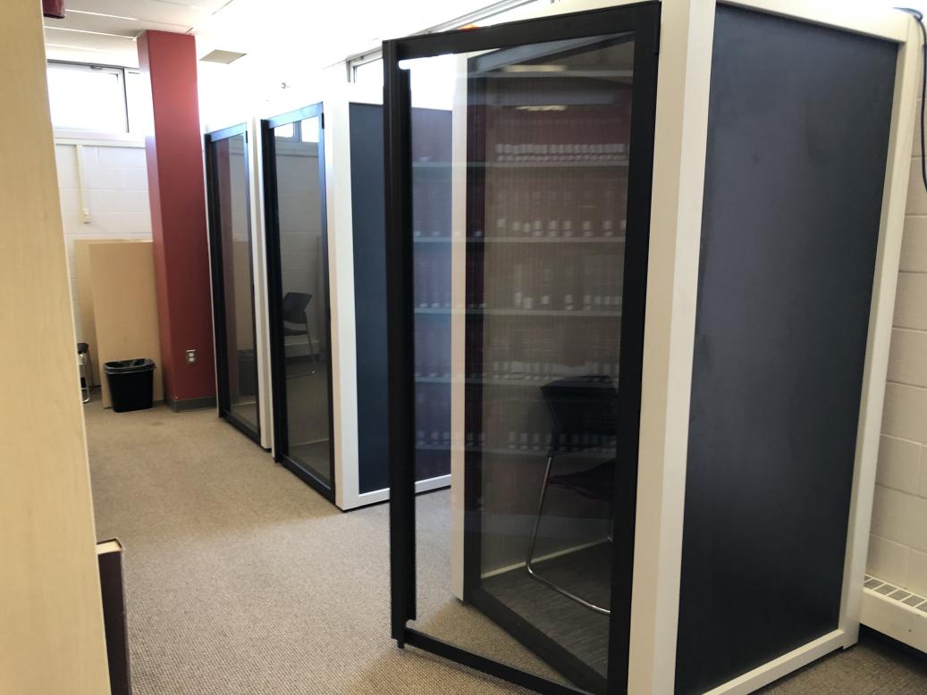 Exterior of 3 study pods along edge of wall on 7th floor. Description of pods follows at heading 2