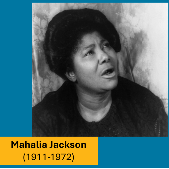 Portrait photograph of Mahalia Jackson, circa 1962, looking up with tense brow and open mouth, in expressive song